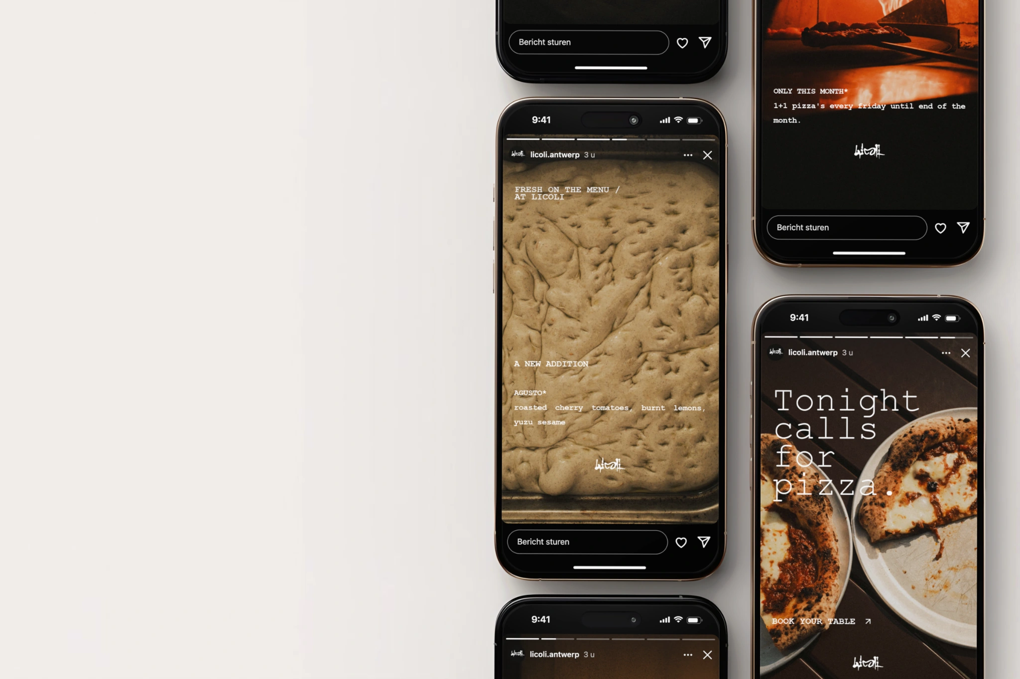 Flatlay van iPhones met verschillende Instagram-stories voor Licoli op een lichte achtergrond
